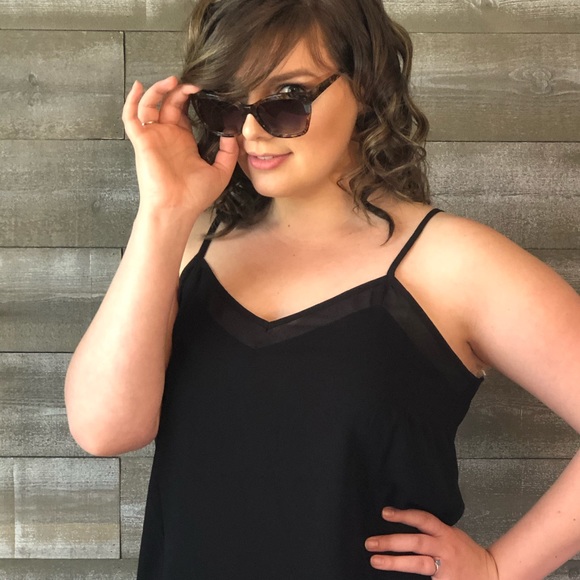 Giogio Tops - V-neck cami in black. Sheer trim. M